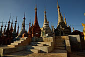 Inle Lake Myanmar. Indein, on the summit of a hill the  Shwe Inn Thein Paya a cluster of hundreds of ancient stupas. Many of them are ruined and overgrown with bushes. 